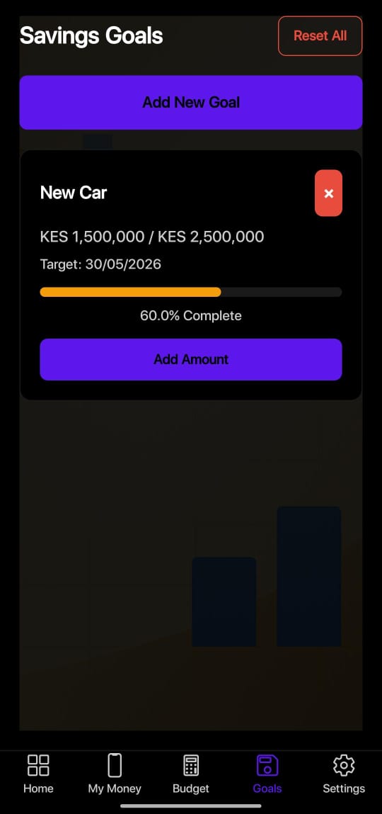 Goals screen showing savings targets and progress